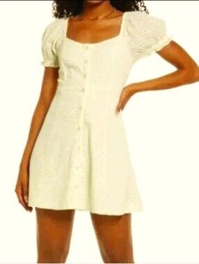 BP Eyelet Mini-Dress, Button Front Puffed Sleeves Lemon Lime Color